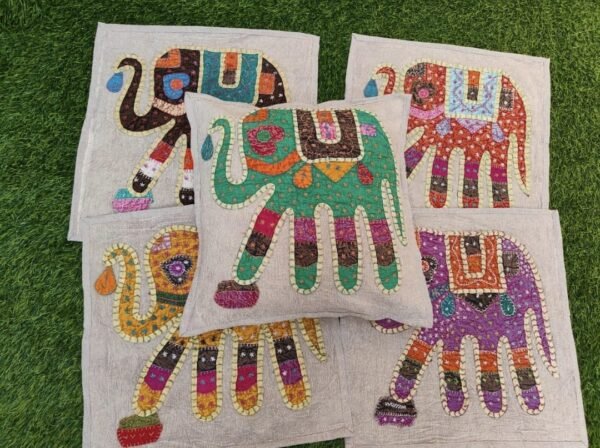 Handcrafted Elephant Embroidered Cushion Cover – 6 Vibrant Colors